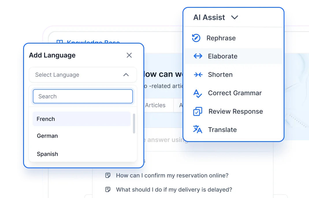 AI assist menu with options to rephrase, elaborate, and translate content in knowledge base for help desk for restaurant.