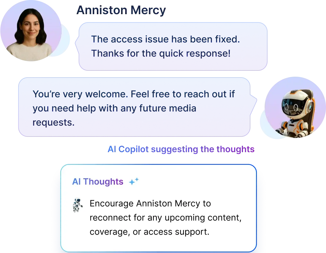 AI helpdesk for media teams summarizing chats, drafting replies, and suggesting next steps.