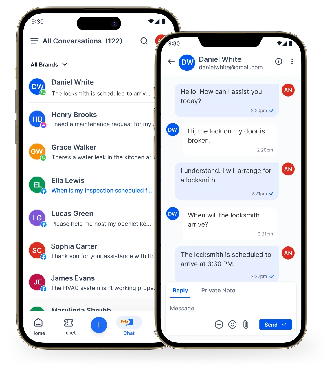 Mobile view of property management app showing conversation list and chat for maintenance and locksmith requests.