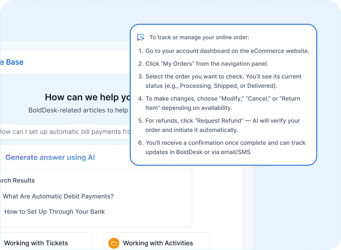 Online order management guide with six steps in a blue box for helpdesk for ecommerce.