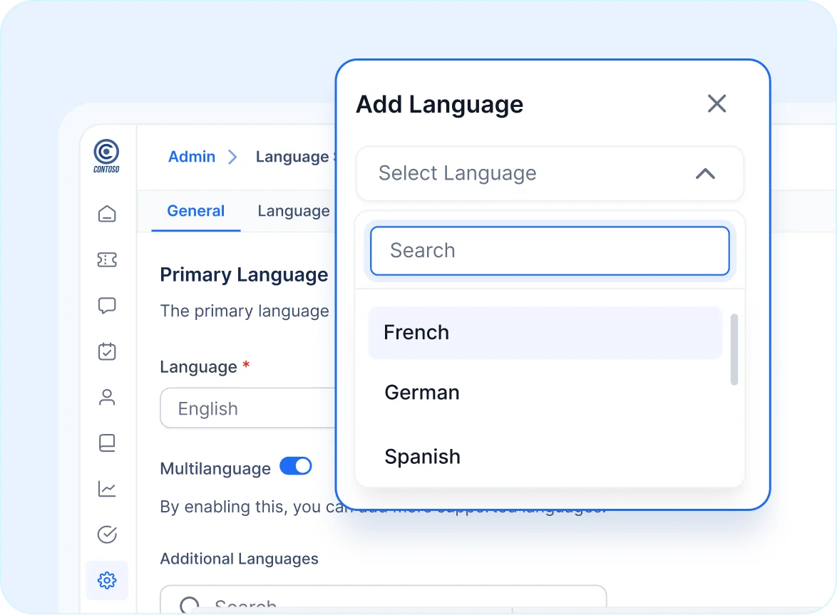 Help desk software for supply chain showing multilingual settings with language options like French, German, and Spanish.