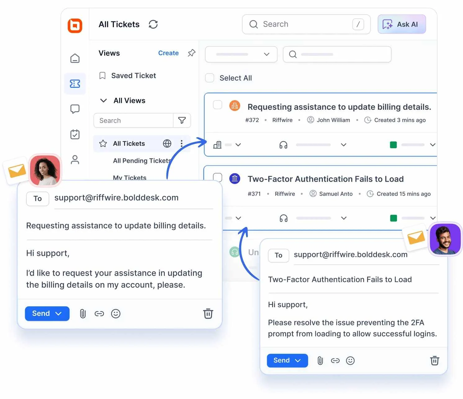 BoldDesk dashboard showing linked support emails for billing update and 2FA issue, illustrating support team collaboration