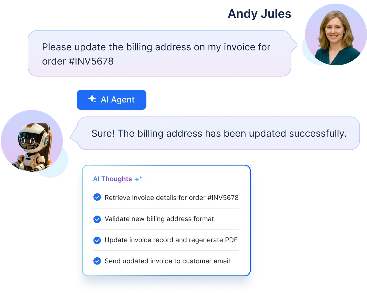 AI agent updating billing address and validating invoice details in accounting help desk software