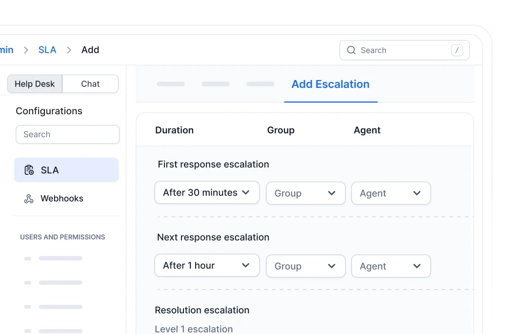 Automation and SLA tracking screen showing escalation settings with text about auto-routing, SLA alerts, and IT task macros.