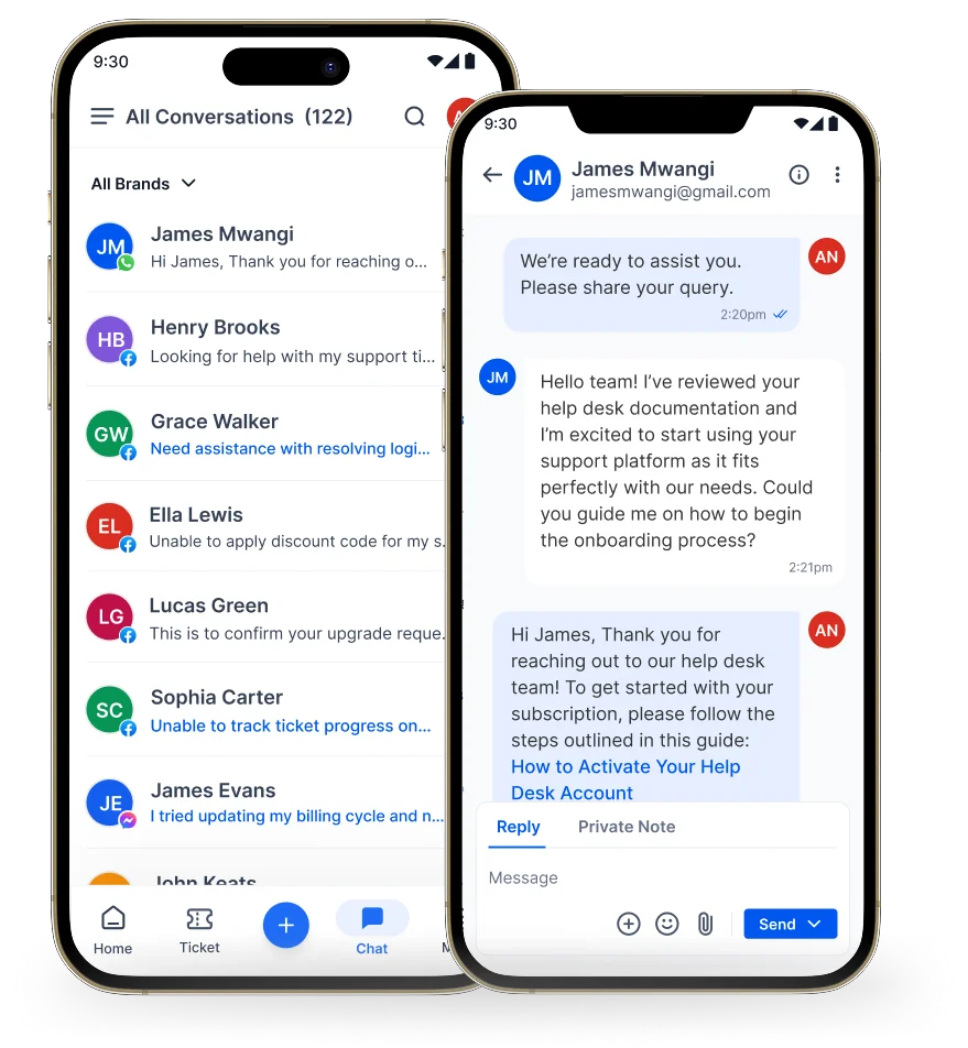 Mobile help desk app showing conversation list and detailed chat view for customer support queries.