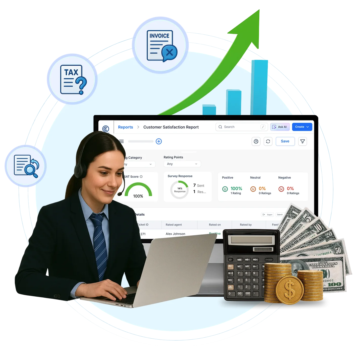 Laptop with financial charts, tax and invoice icons, calculator, and cash representing accounting support services