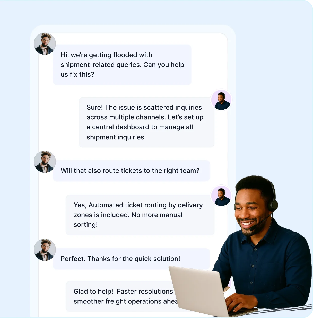 Logistics management software interface showing ticket status updates and support conversation for issue resolution.