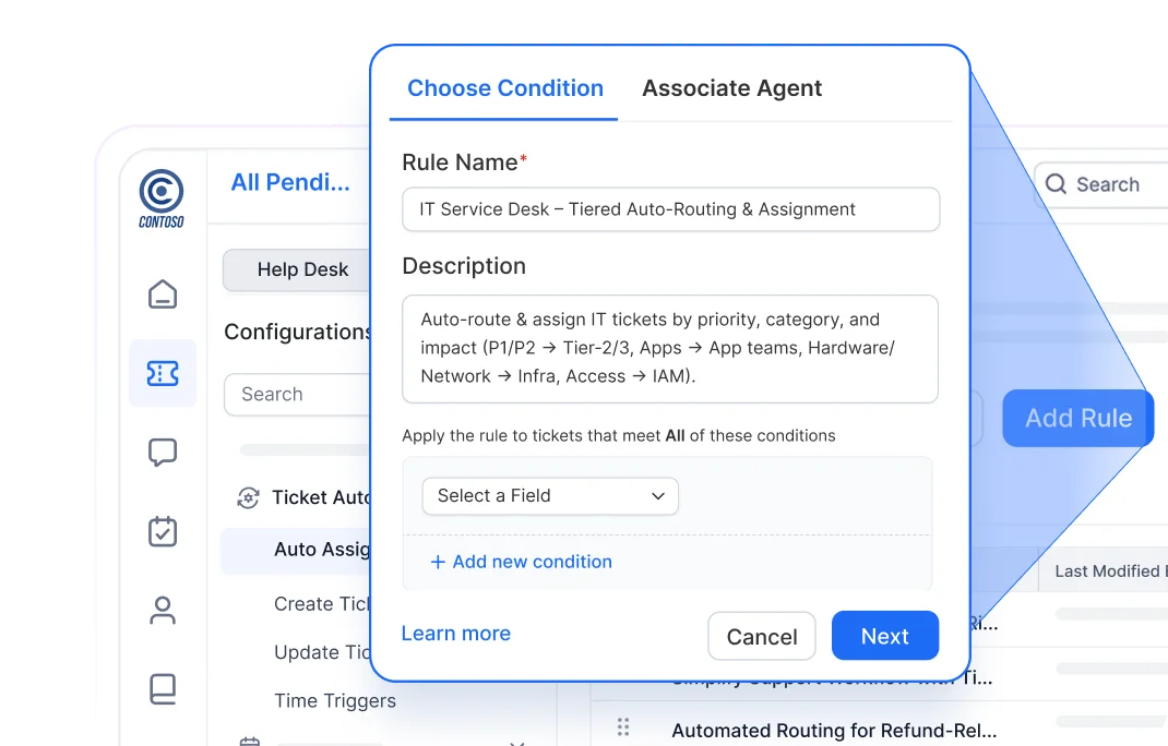 Help desk automation screen showing rule creation form with options to set conditions and associate agents.