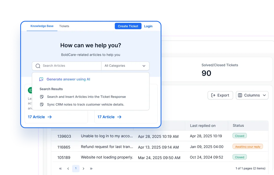 Client portal interface with ticket submission and AI response options.