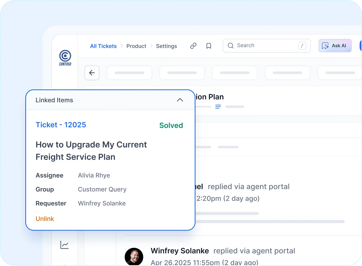 Customer support software for logistics showing ticket details for freight service plan upgrade and resolution.