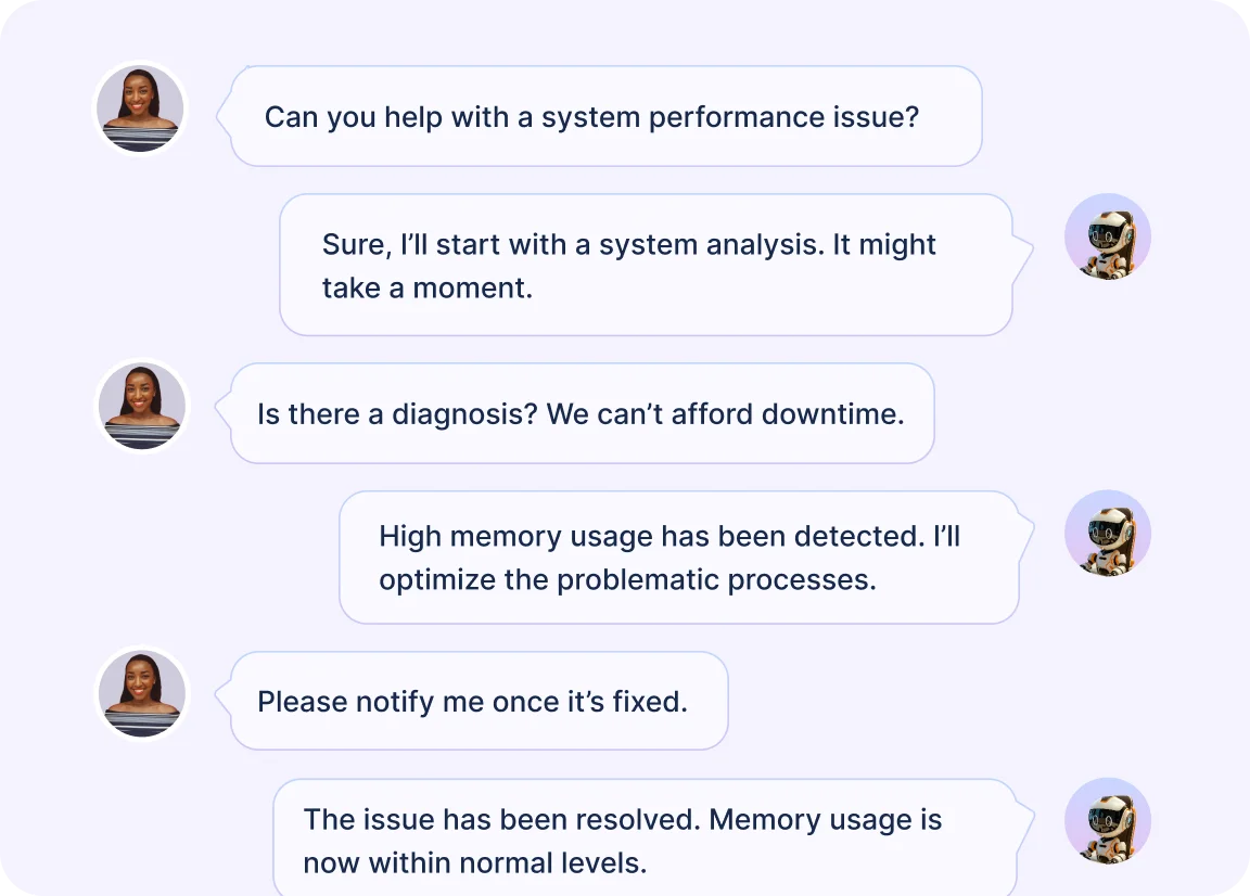 Chat interface showing conversation about system performance issue with AI assistant diagnosing and resolving high memory usage.