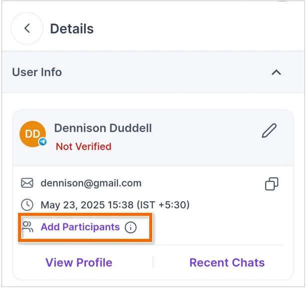 User details panel showing email, verification status, timestamp, and highlighted Add Participants option with profile and chat links.