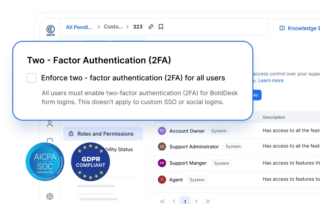 Security settings screen showing two-factor authentication options with compliance badges for AICPA SOC, and GDPR.