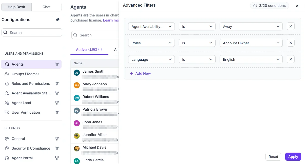 BoldDesk agents page showing the advanced filters popup with availability, roles, and language conditions