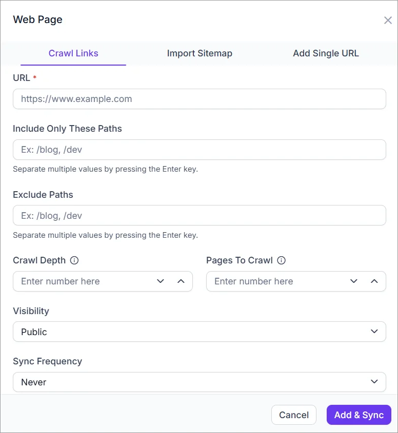 Web Page crawl settings dialog showing URL, include/exclude paths, crawl depth, and sync frequency options