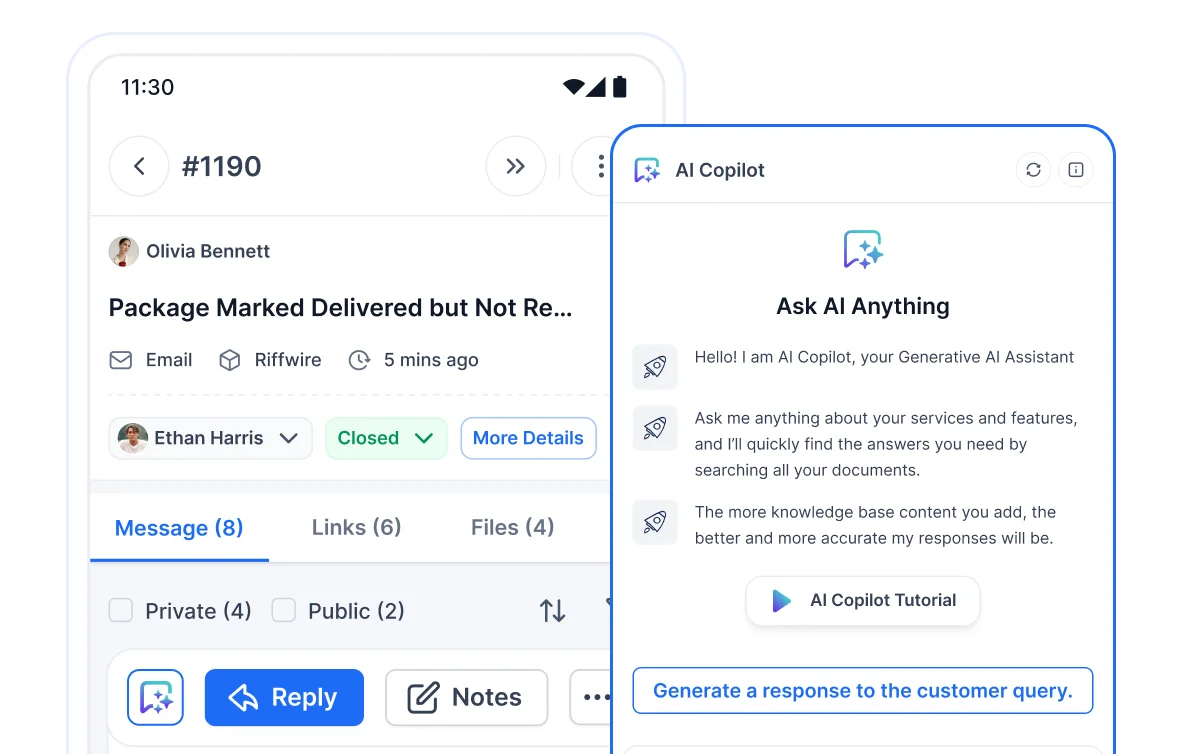 AI Copilot in BoldDesk mobile help desk showing ticket details and AI-powered customer support response.