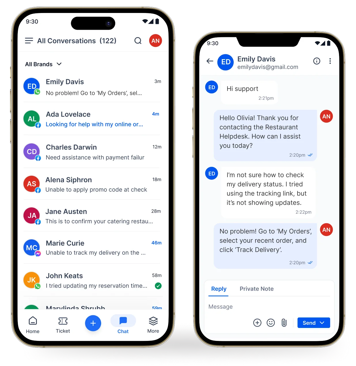 Mobile interface showing conversation list and active chat for managing restaurant customer service on the go.
