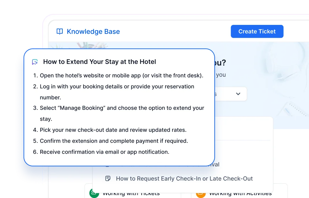 Hospitality help desk software with knowledge base for customer service in hospitality industry.