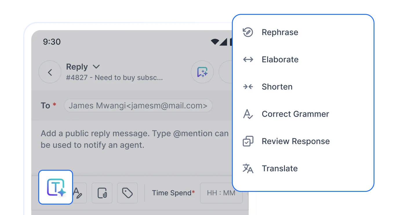 Mobile help desk interface showing options to rephrase, elaborate, shorten, correct grammar, review, and translate responses.