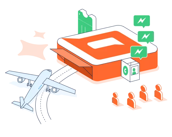 Airline customer service illustration featuring BoldDesk logo as a central hub connecting a runway, passengers, and messaging channels.