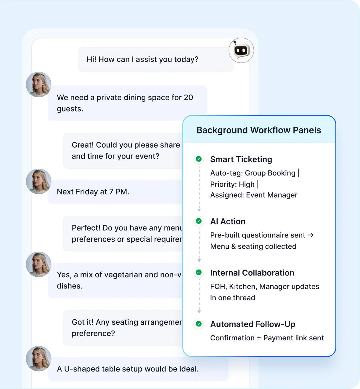Chat interface with AI assistant managing event booking and background workflow panels for help desk for restaurant.