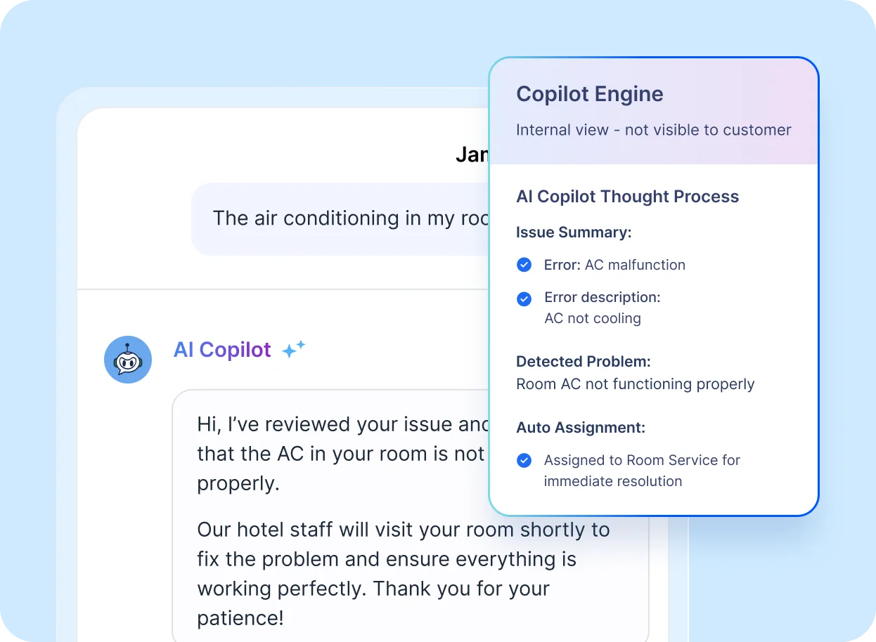Hospitality customer support solutions using AI Copilot to detect AC issues and auto-assign room service.