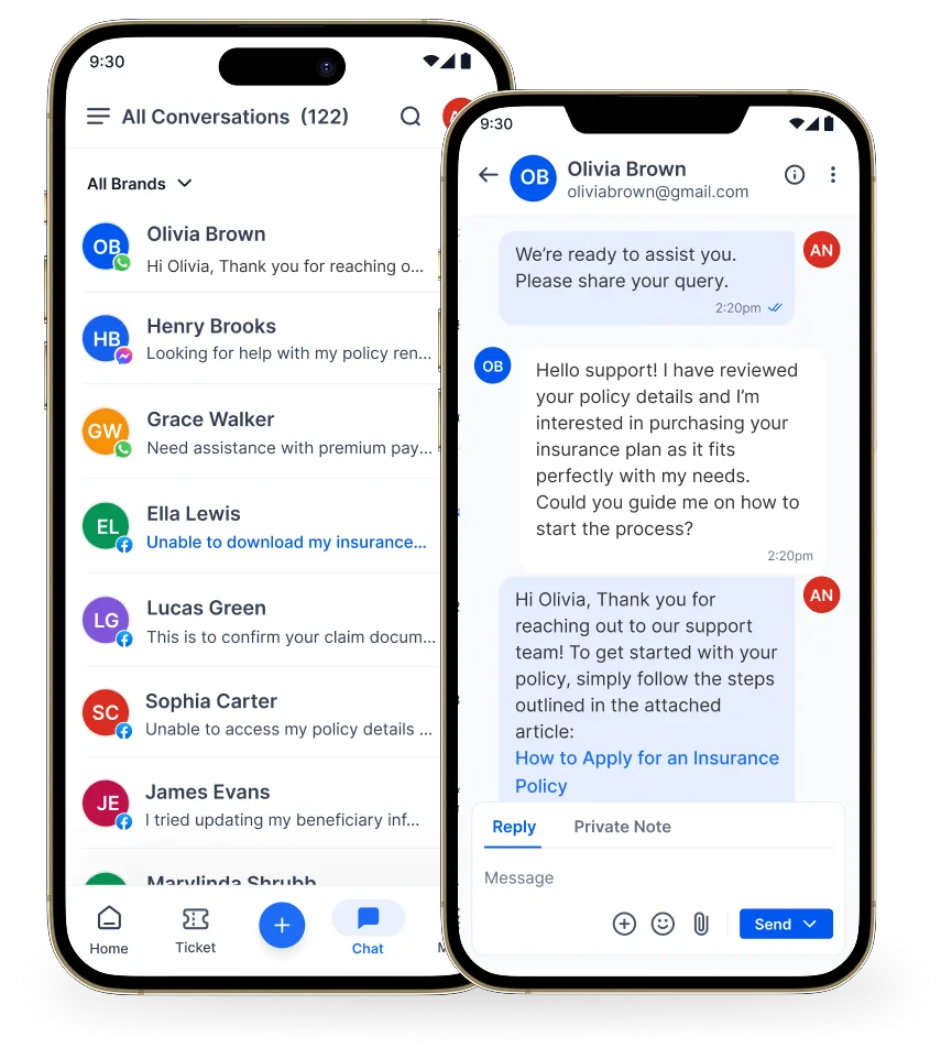 Two phone screens show a messaging app: one with chat list, the other with conversation about email delivery issue