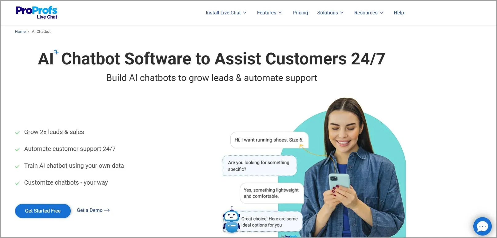 ProProfs webpage showcasing AI chatbot software with headline text, benefits list, sample chat conversation, and a ‘Get Started Free’ button