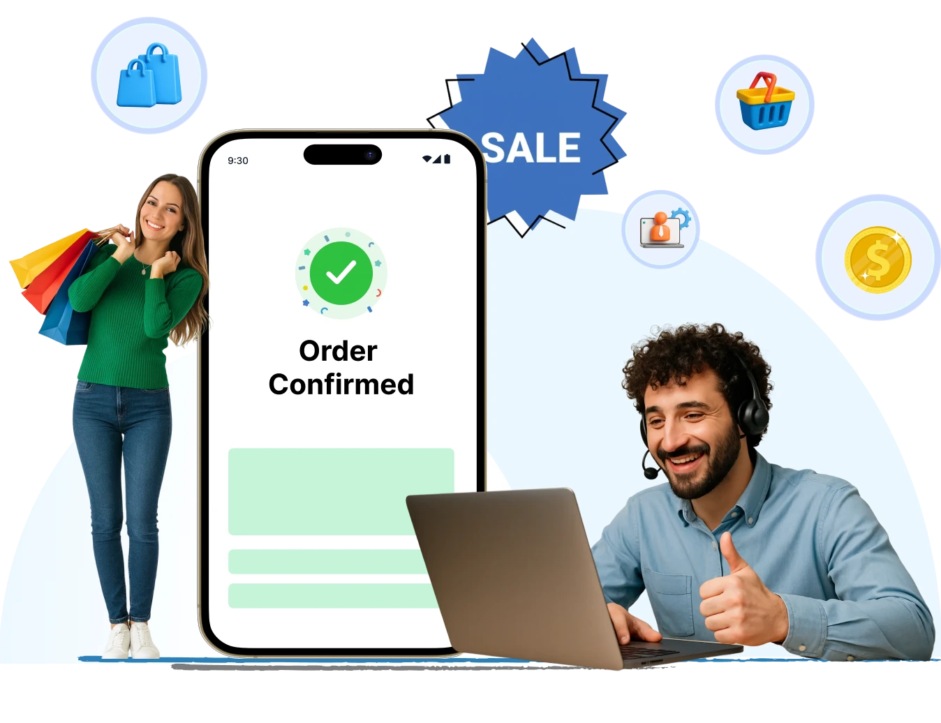 Smiling shoppers with bags and support agent giving thumbs-up beside phone showing order confirmed for helpdesk for ecommerce.