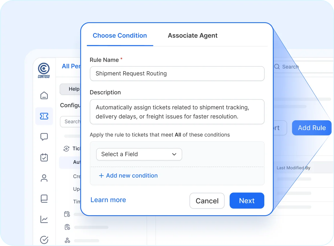Rule setup in warehousing management system for automating shipment request routing and ticket assignment.