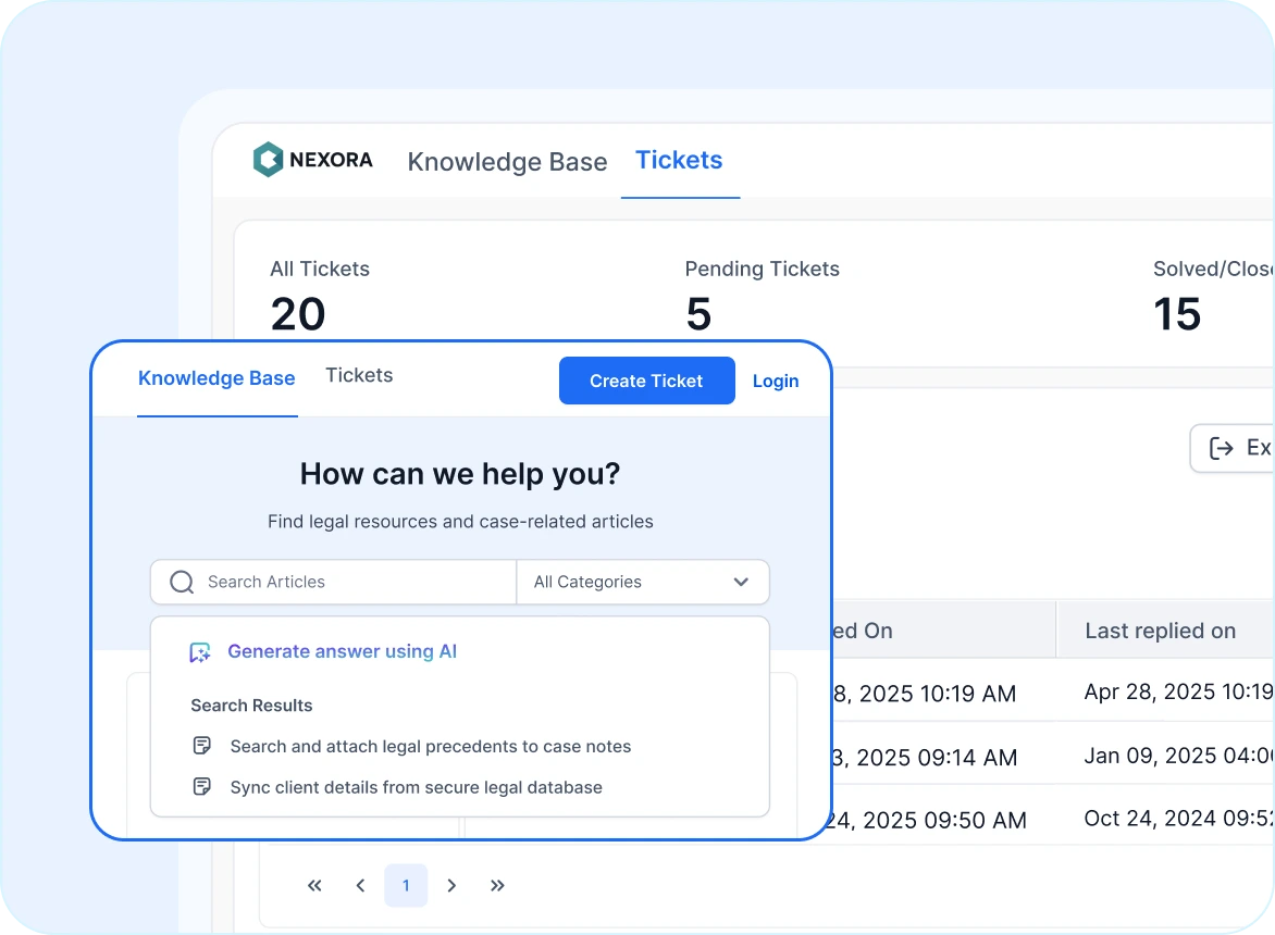 Digital interface showing legal ticket system with tabs, ticket counts, and AI-powered search for ecommerce help desk.