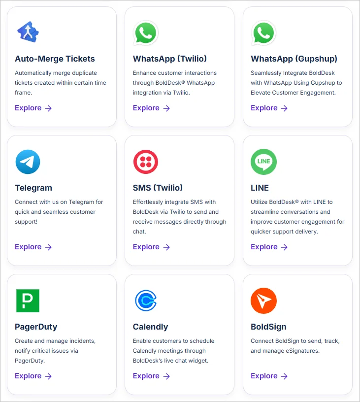 Image showing 9 Integration options in BoldDesk showing Auto-Merge Tickets, WhatsApp, Telegram, SMS, LINE, PageDuty, Calendly, and BoldSign.