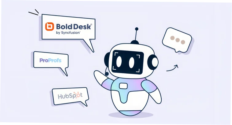 Illustration of friendly robot with chat bubbles showing BoldDesk, ProProfs, HubSpot logos in tech-savvy tone.