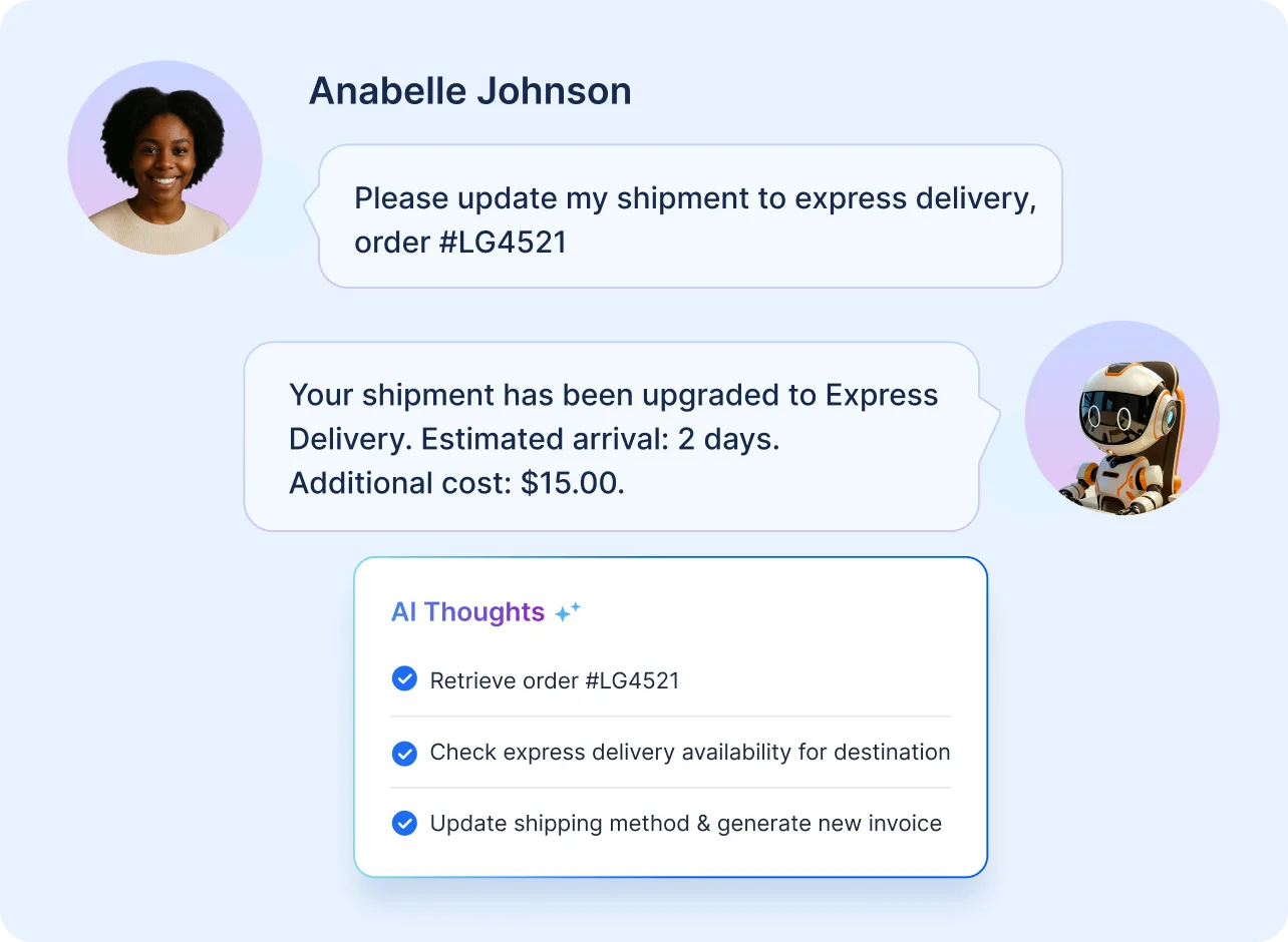 Logistics software solutions with AI automating express delivery updates, order retrieval, and invoice generation.