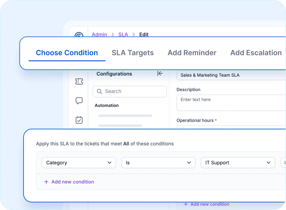 Helpdesk for ecommerce interface showing SLA settings with tabs for conditions and targets and dropdown for IT support.