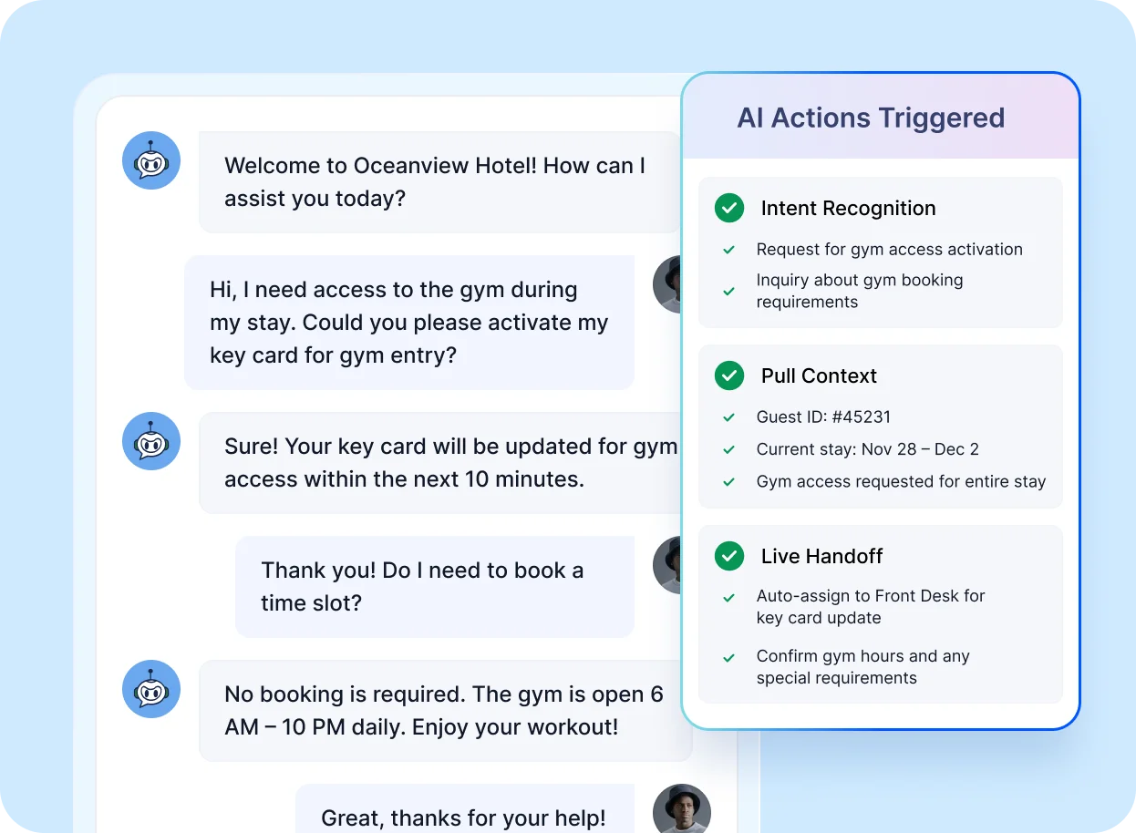 Best AI for customer support in hospitality automating chat with intent recognition and live handoff.