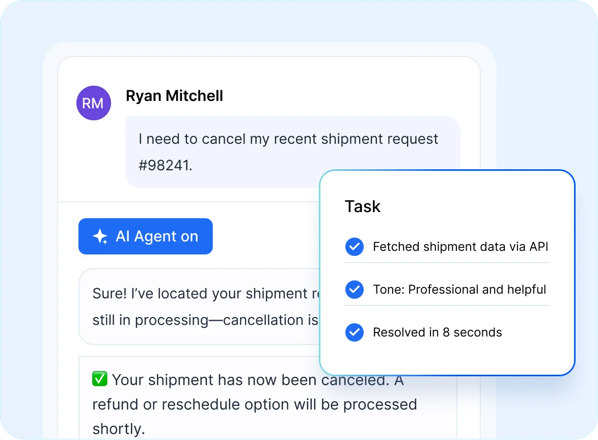 AI-powered chat in warehousing management system showing shipment cancellation and automated task resolution.