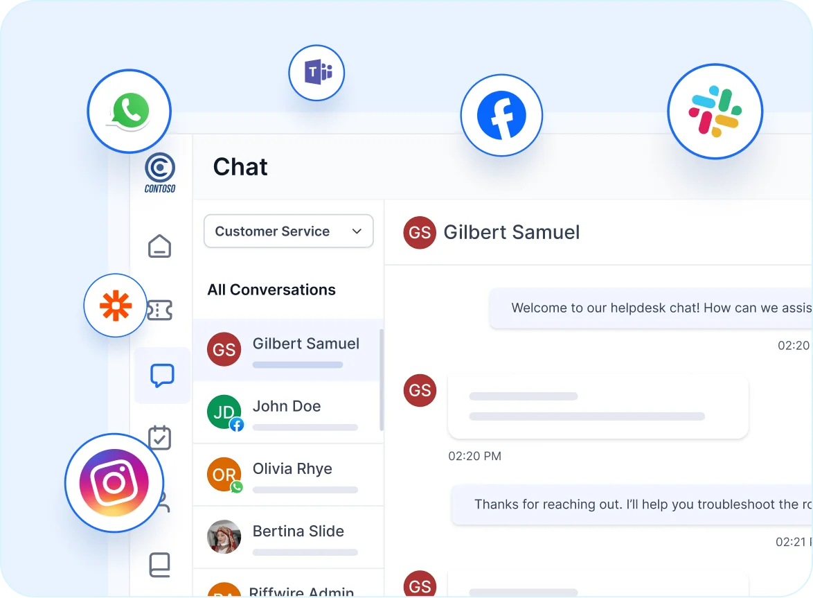 Chat interface with customer service messages and icons for WhatsApp, Instagram, and more for ecommerce customer service.