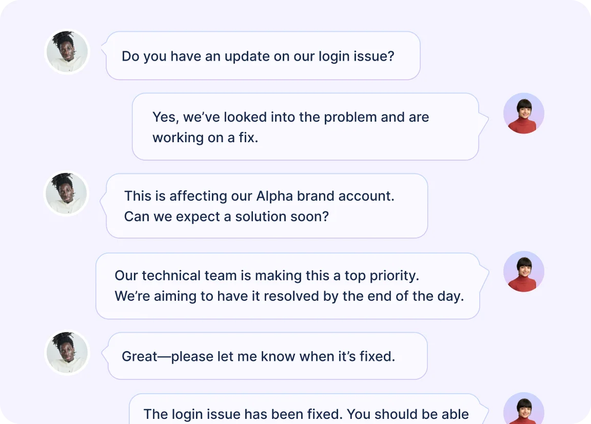 Chat interface showing BPO support conversation about login issue resolution and update confirmation.