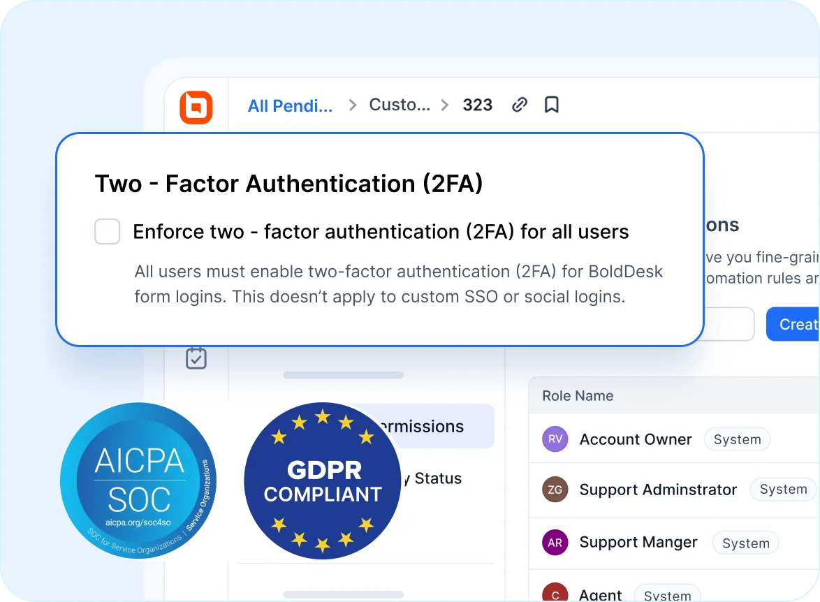 Secure helpdesk for media teams with 2FA enforcement and SOC, HIPAA, GDPR compliance badges.