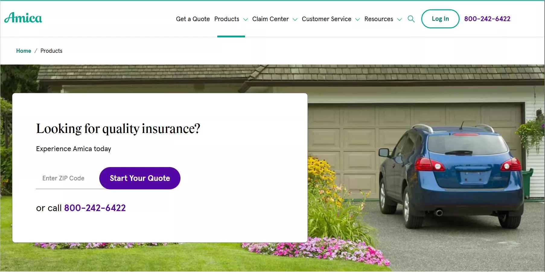 Amica Mutual homepage highlighting claims support and customer service benefits
