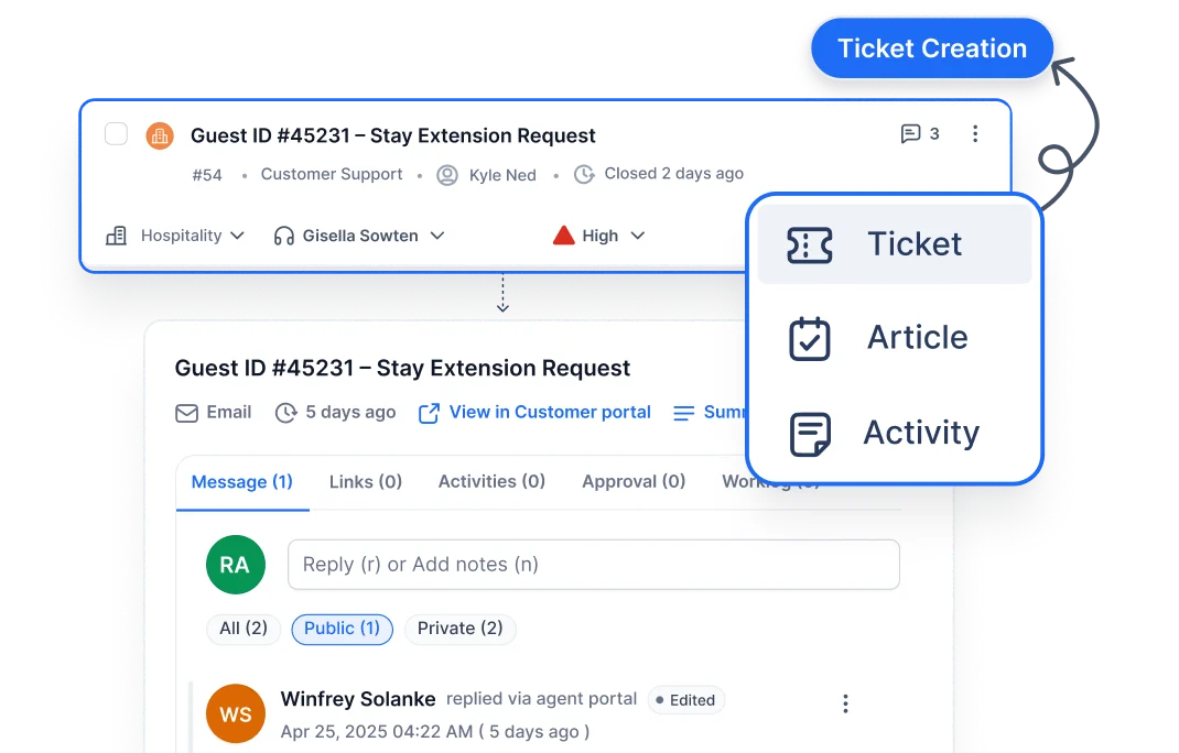 Hospitality help desk software managing stay extension requests for efficient hospitality customer support.