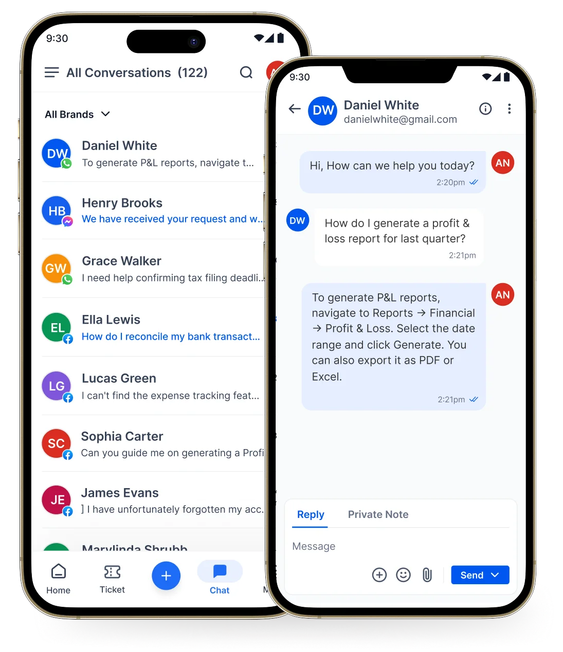 Mobile accounting support screens with a conversations list and a chat guiding a user on generating a profit & loss report