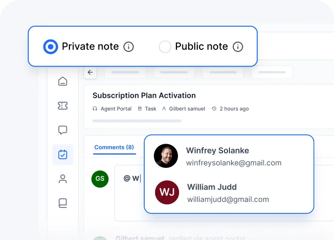 Hospitality help desk software enabling private notes and @mentions for internal team communication on tickets.