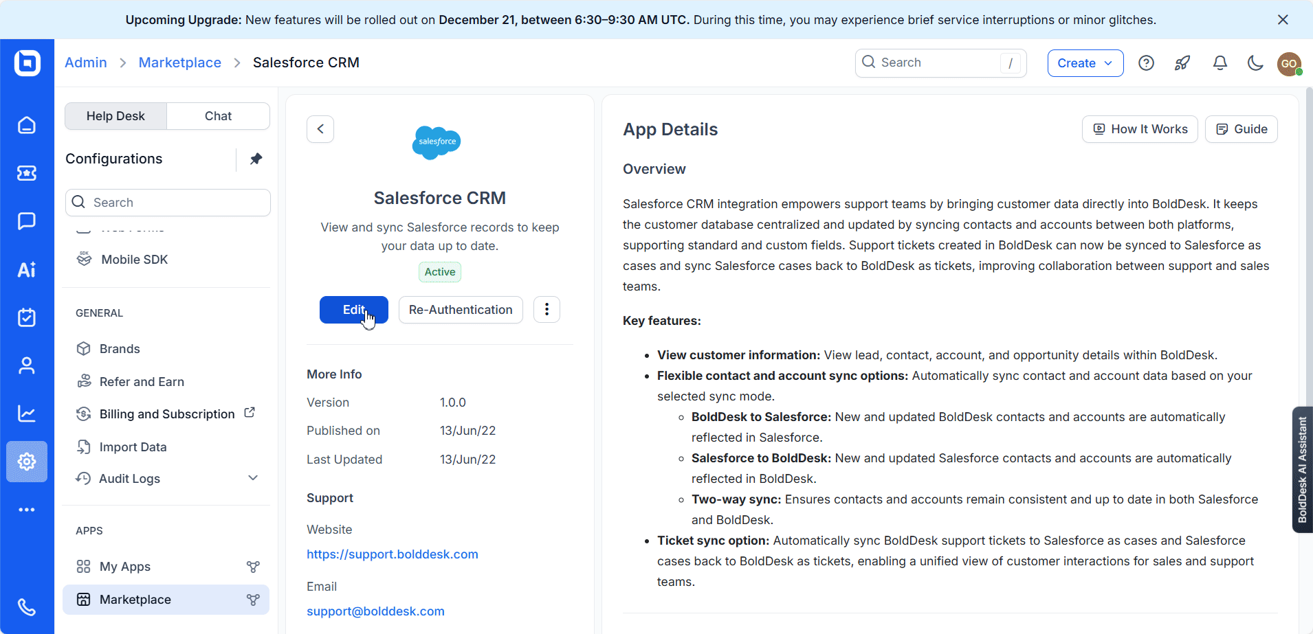 Illustration showing two-way synchronization between Salesforce case and BoldDesk tickets 