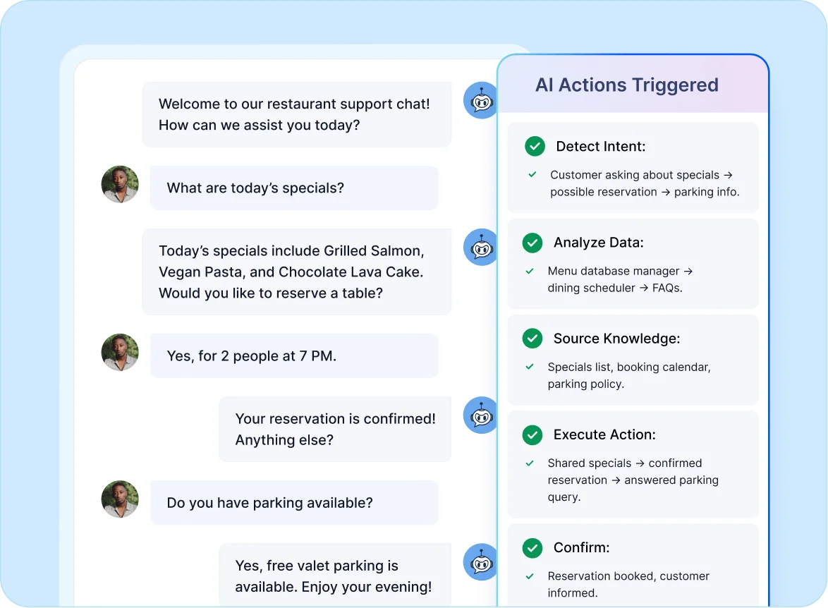 Chat interface showing conversation between AI agent and customer with automated actions for restaurant customer service.