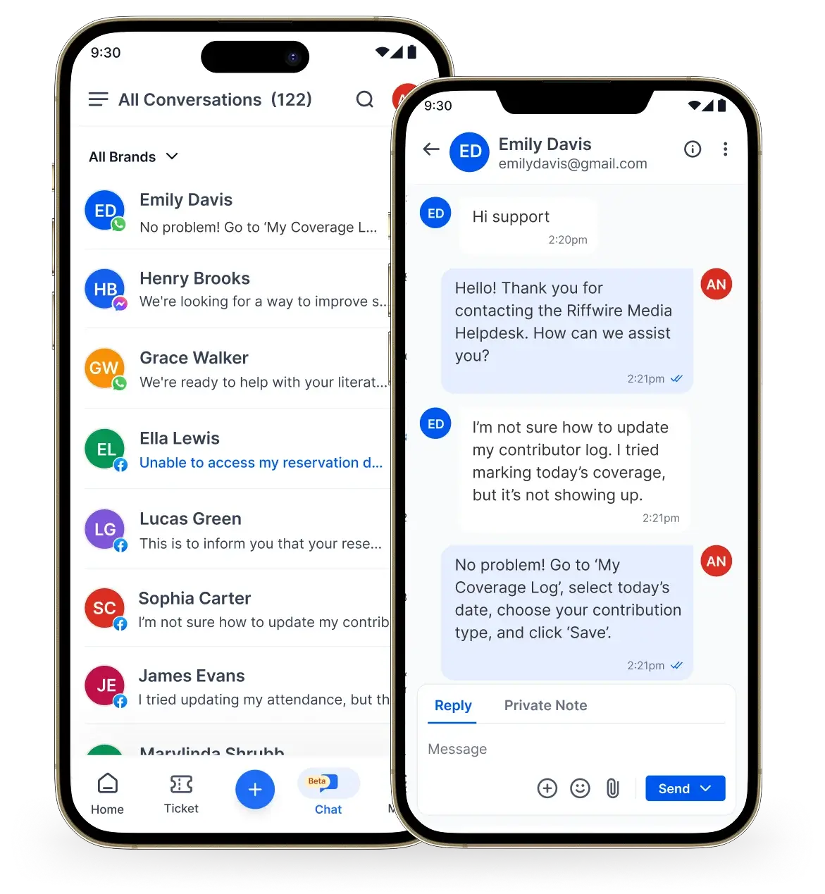 Mobile helpdesk for media teams resolving contributor log issues with real-time chat support.