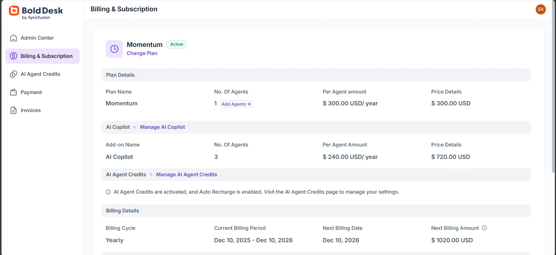 BoldDesk subscription page displaying AI Copilot and AI Agent Credits add-ons with management options