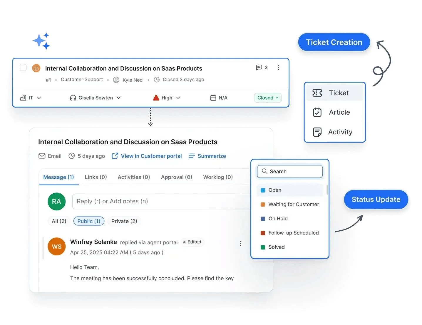 Screenshot of BoldDesk's ticketing system indicating ticket creation and status update
