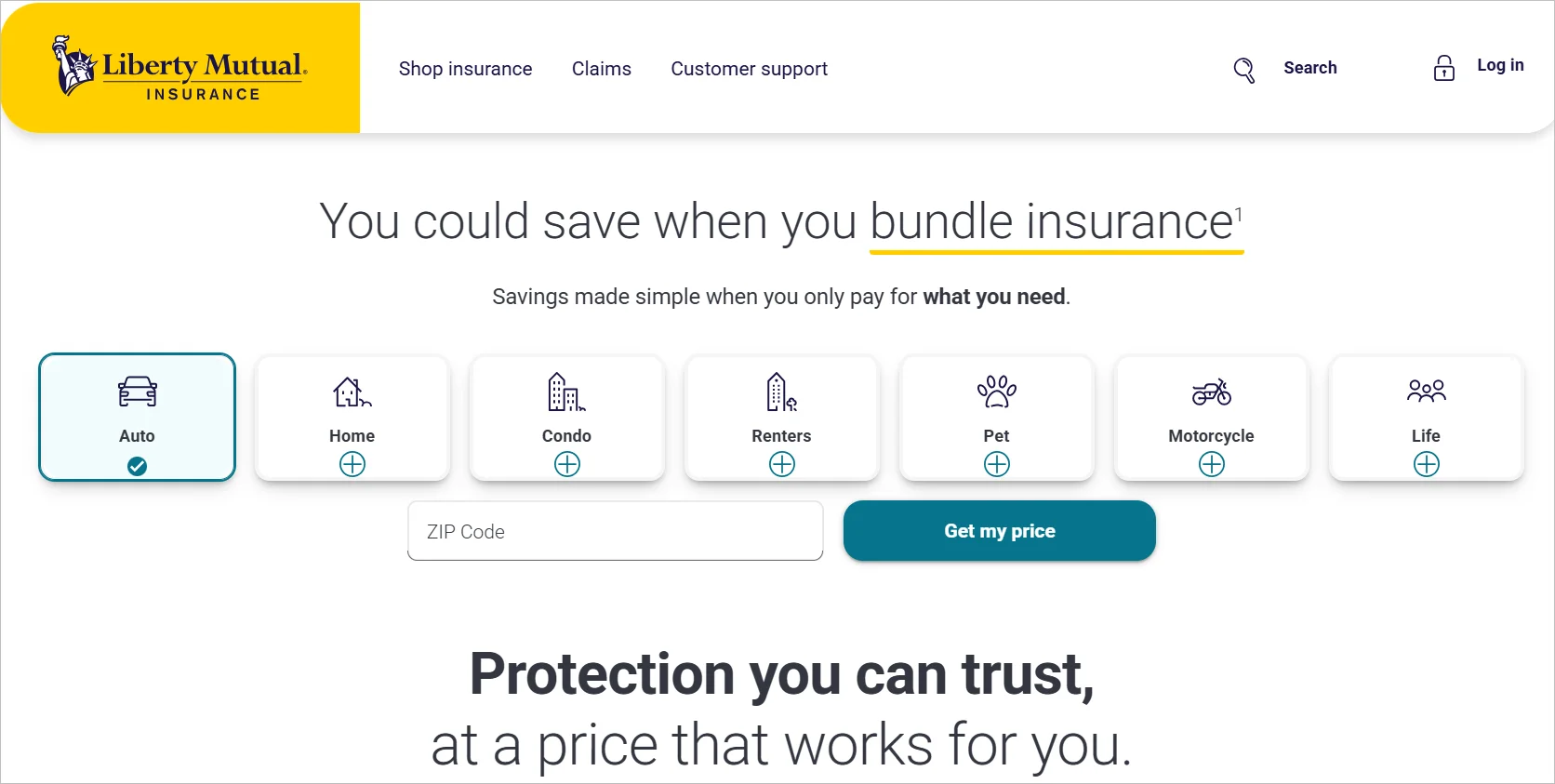 Liberty Mutual website showing claims assistance and 24/7 support messaging